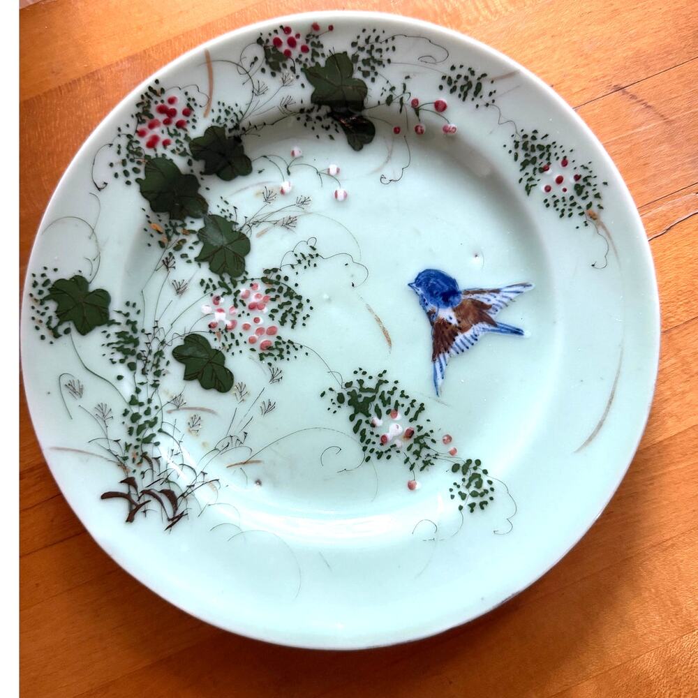 Antique Japanese Hand Painted Celadon Jade Plate Floral Raised Painting Bird
